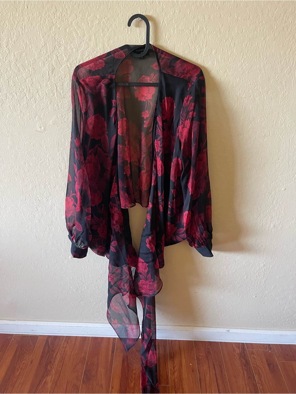 Bardot Black Sheer Robe with Red Floral Print